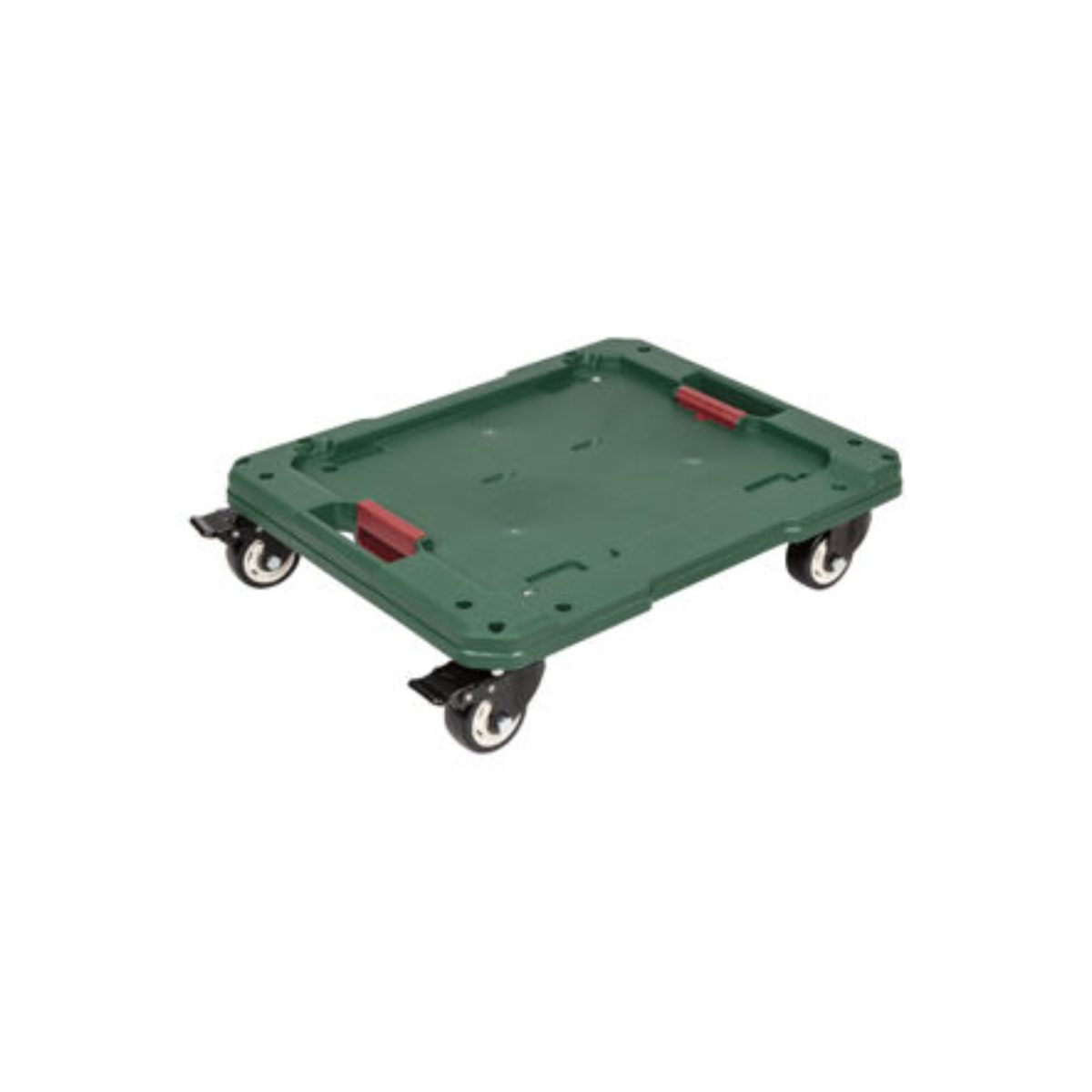 Carrello di trasporto Parkside per valigette box vista laterale con maniglie rosse e ruote frenanti nere