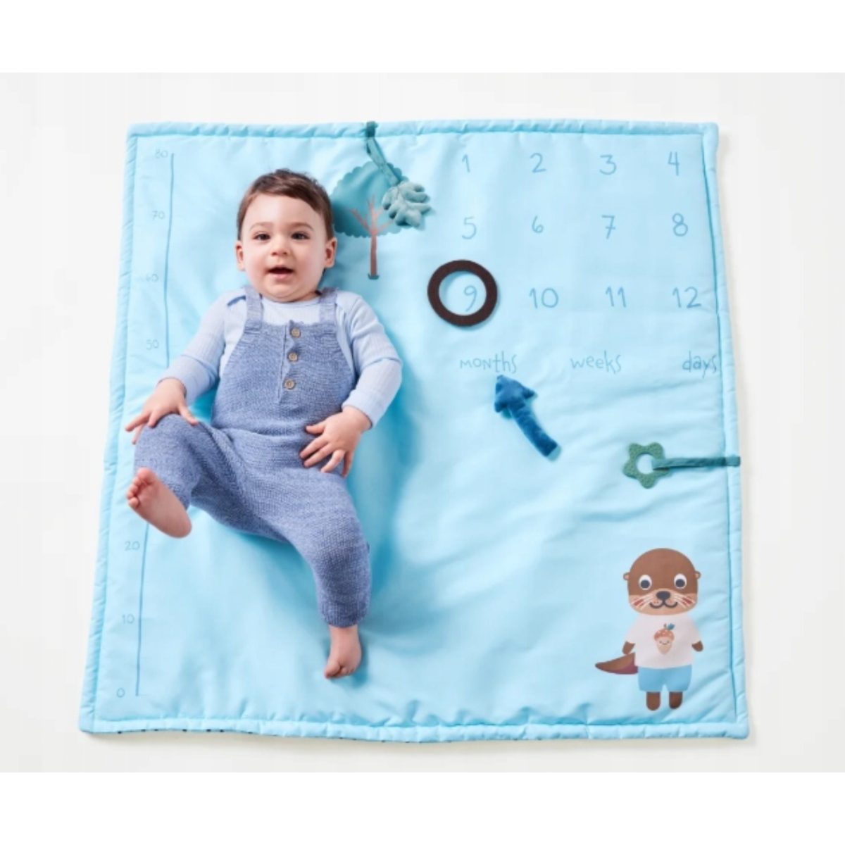 Neonato sdraiato sulla coperta Lupilu con calendario mensile per foto ricordo crescita