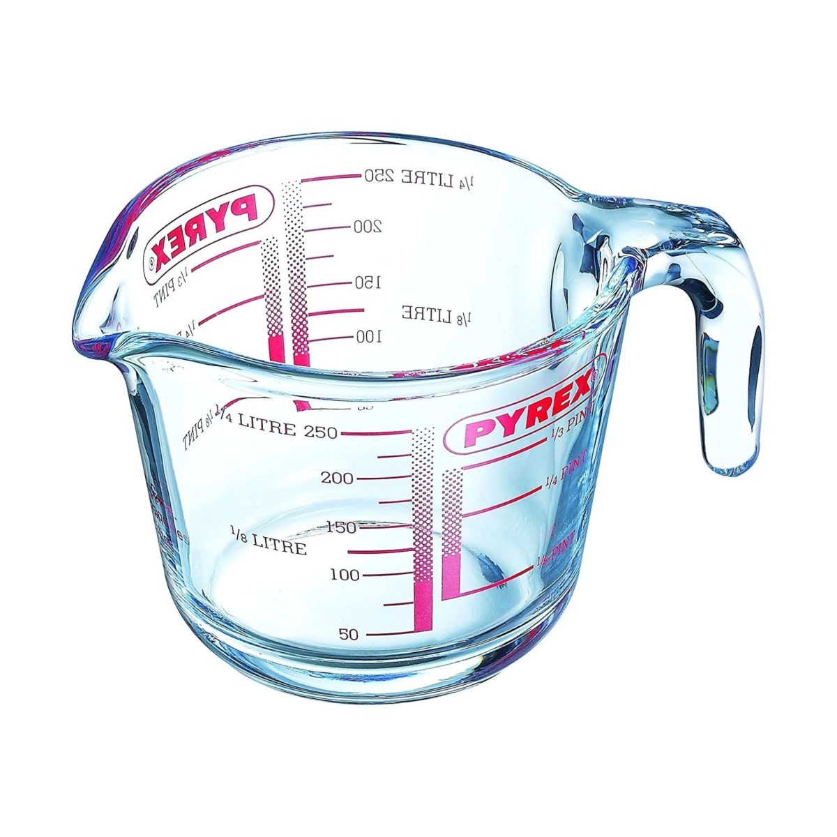 Caraffa graduata Pyrex Classic 0.25L in vetro borosilicato, vista frontale su sfondo bianco