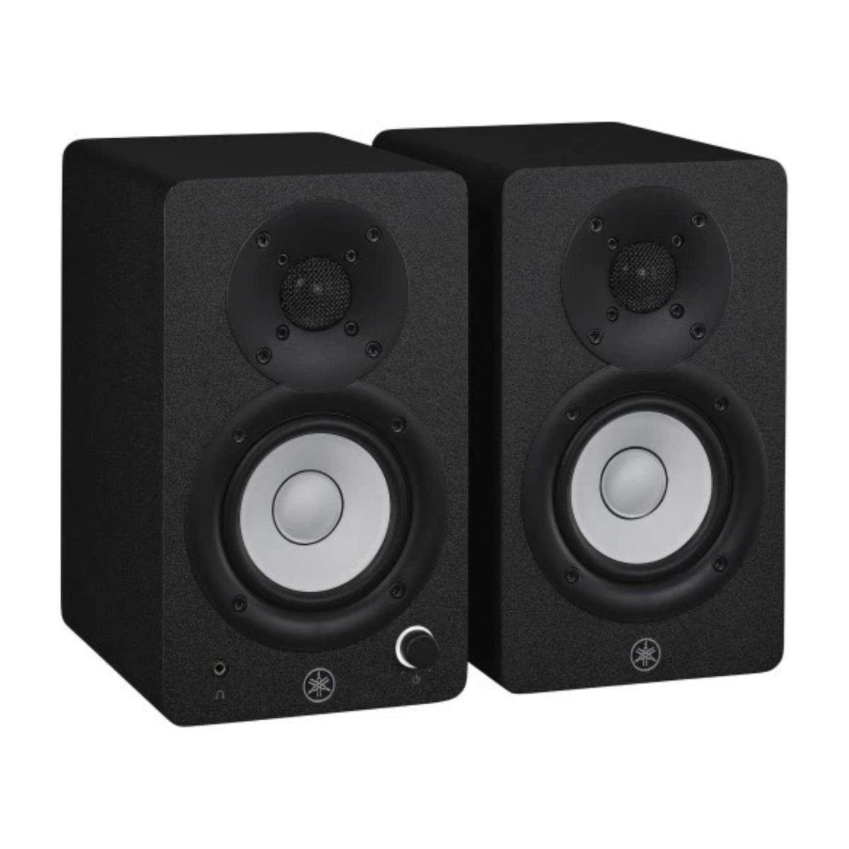 Yamaha HS3 Black monitor studio 3.5 pollici vista frontale a tre quarti con manopola volume