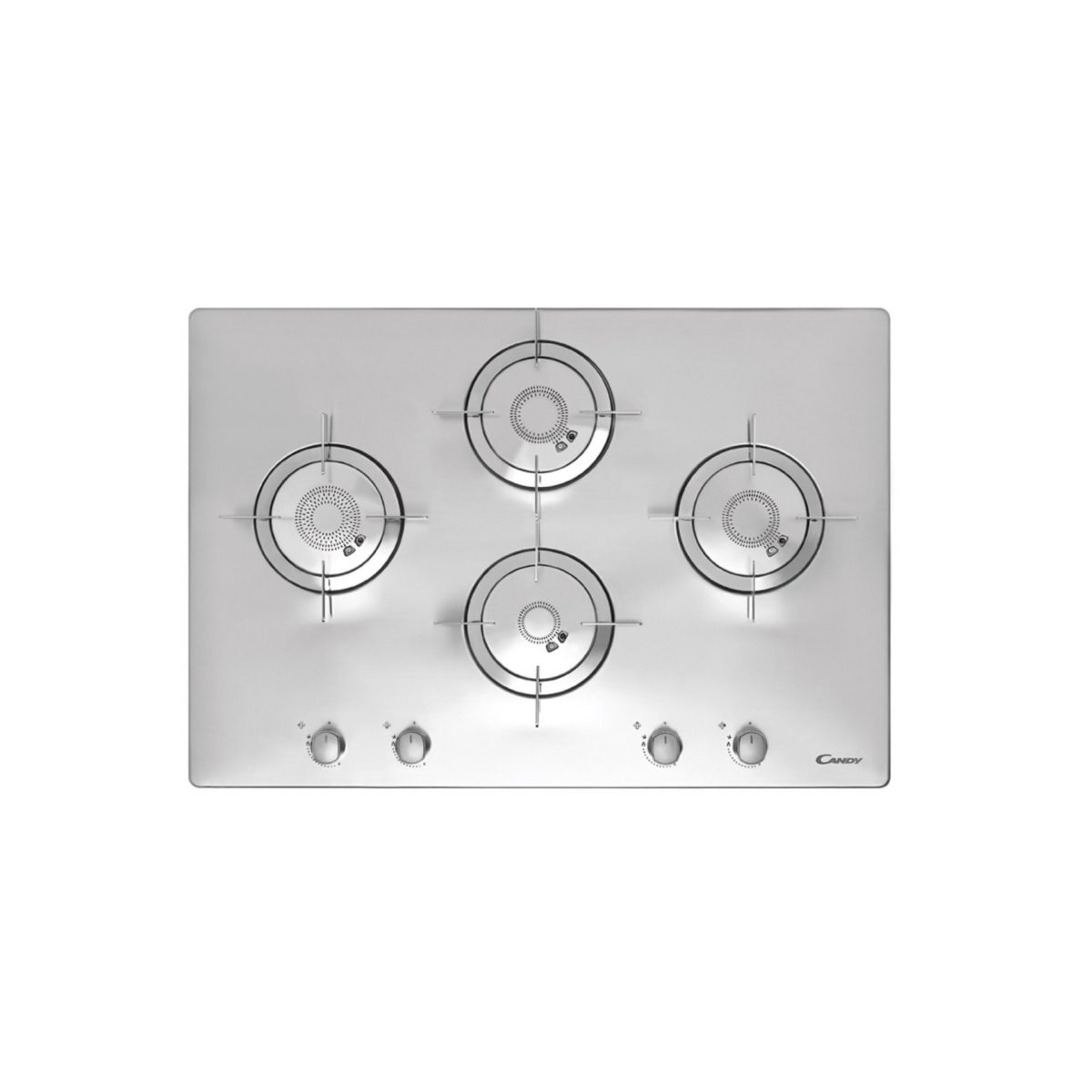 Candy CFX 74 piano cottura a gas 4 fuochi incasso 75cm inox, vista dall'alto con bruciatori