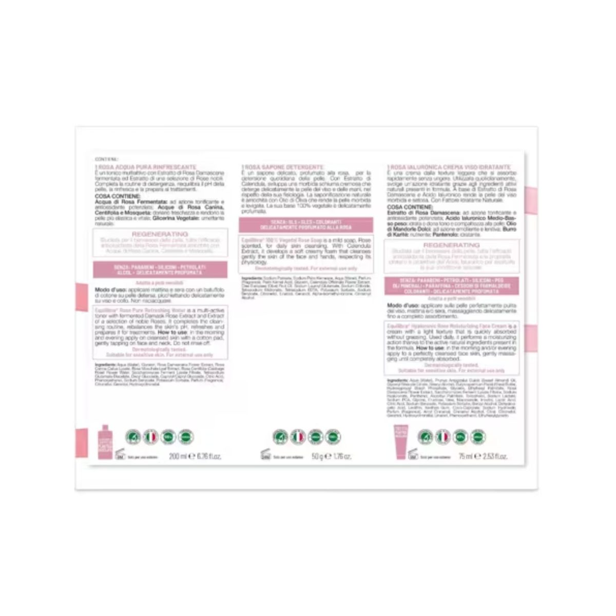 Equilibra Rosa Ialuronica set regalo viso, retro confezione con ingredienti e modo d'uso dei 3 prodotti