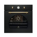 Electrolux FR65G forno da incasso nero 72L, vista frontale con manopole e maniglia color ottone