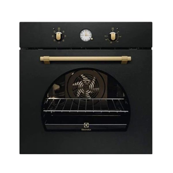 Electrolux FR65G forno da incasso nero 72L, vista frontale con manopole e maniglia color ottone