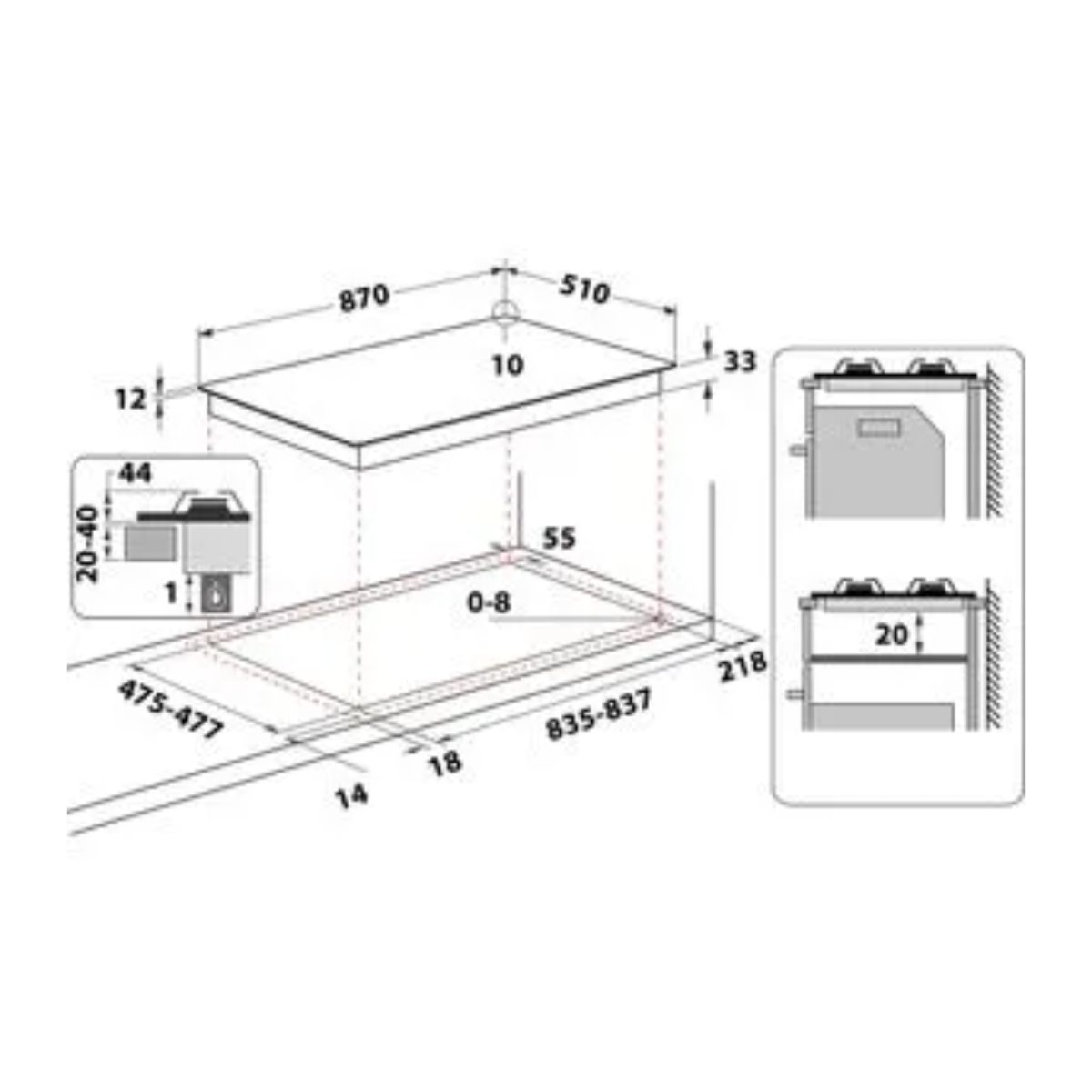 Piano cottura Hotpoint PHN 960MST 6 fuochi, schema tecnico con dimensioni e misure di incasso in cm