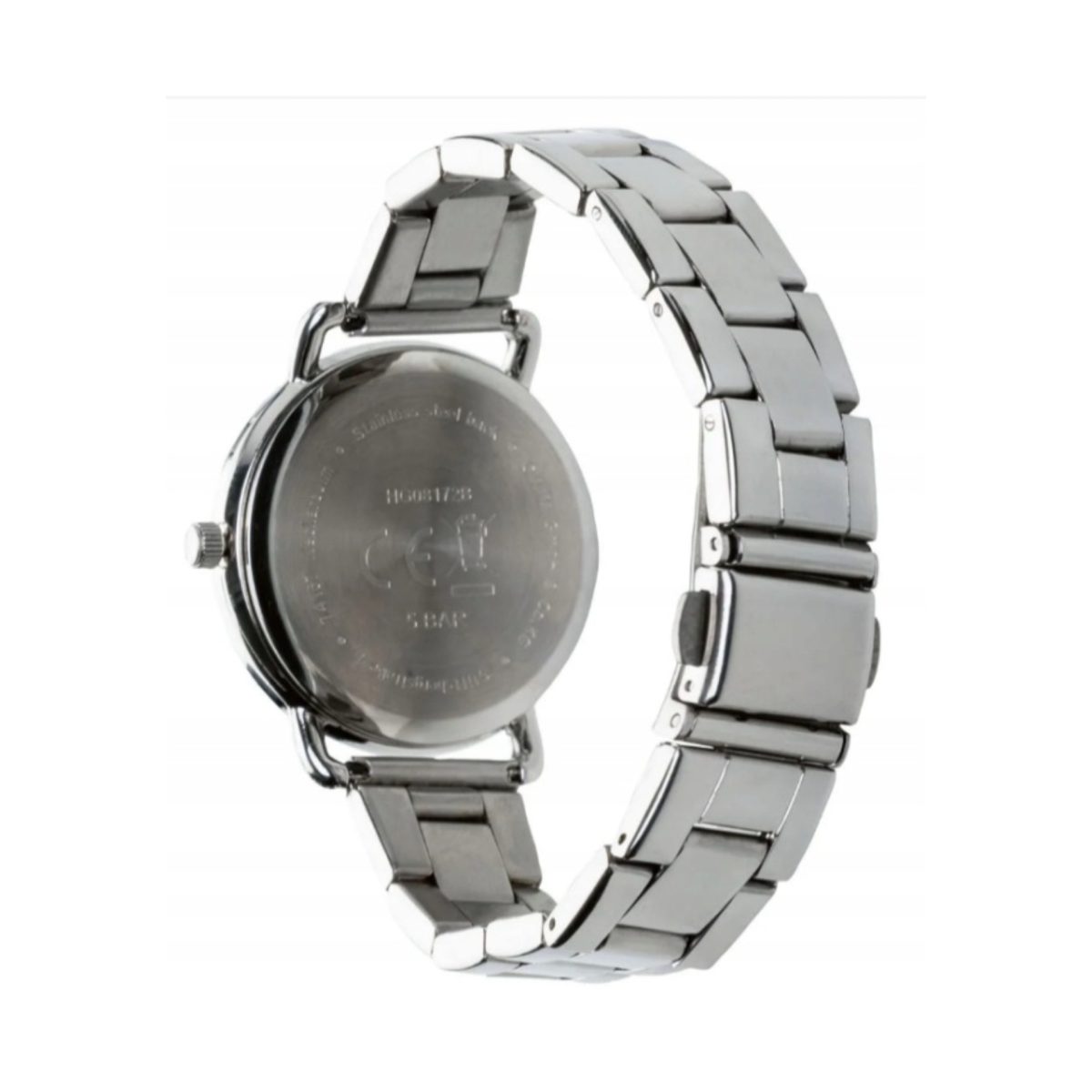 Orologio Auriol donna al quarzo, vista laterale del fondello in acciaio con dettagli tecnici incisi