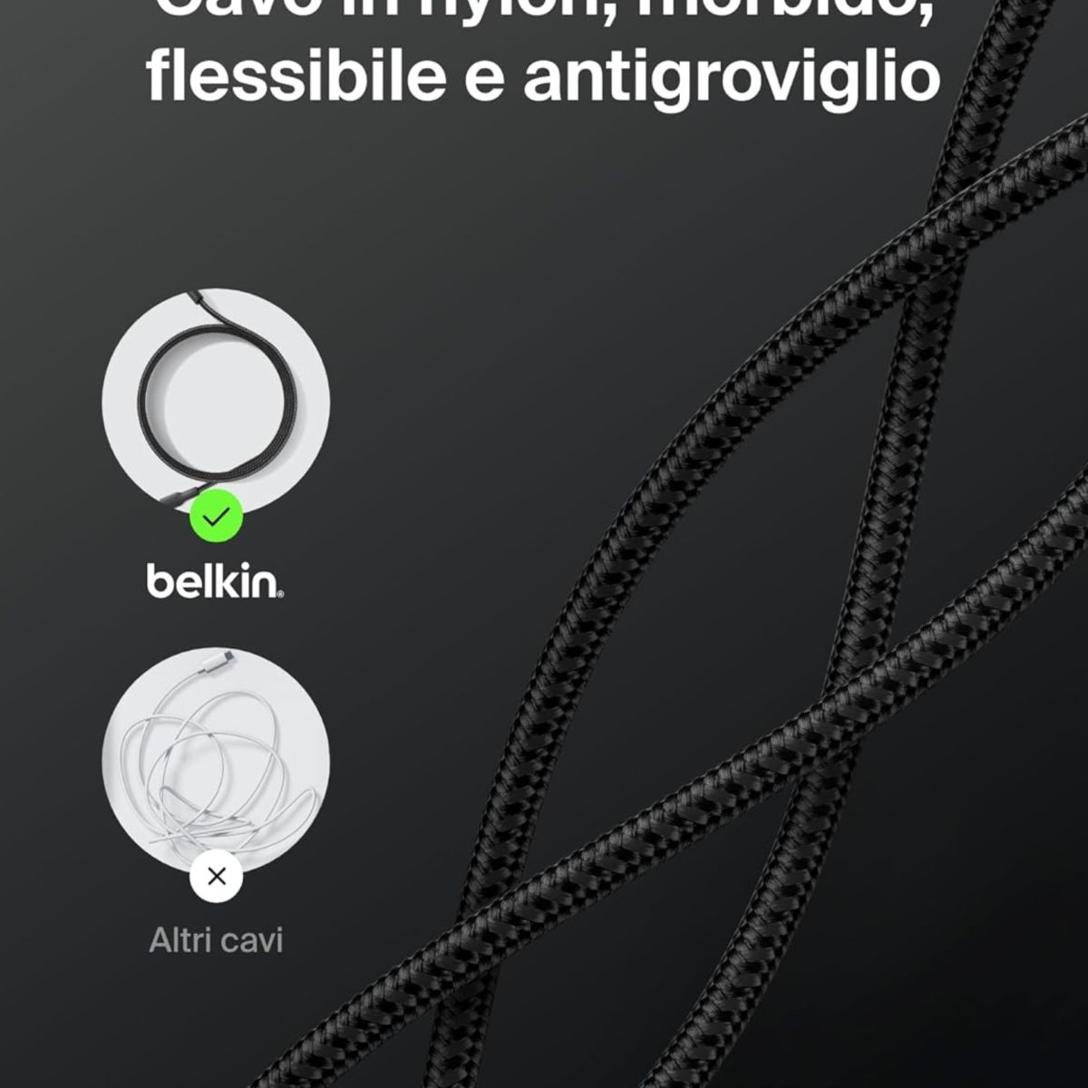 Belkin BoostCharge cavo USB-C 240W in nylon intrecciato antigroviglio a confronto con cavo standard aggrovigliato