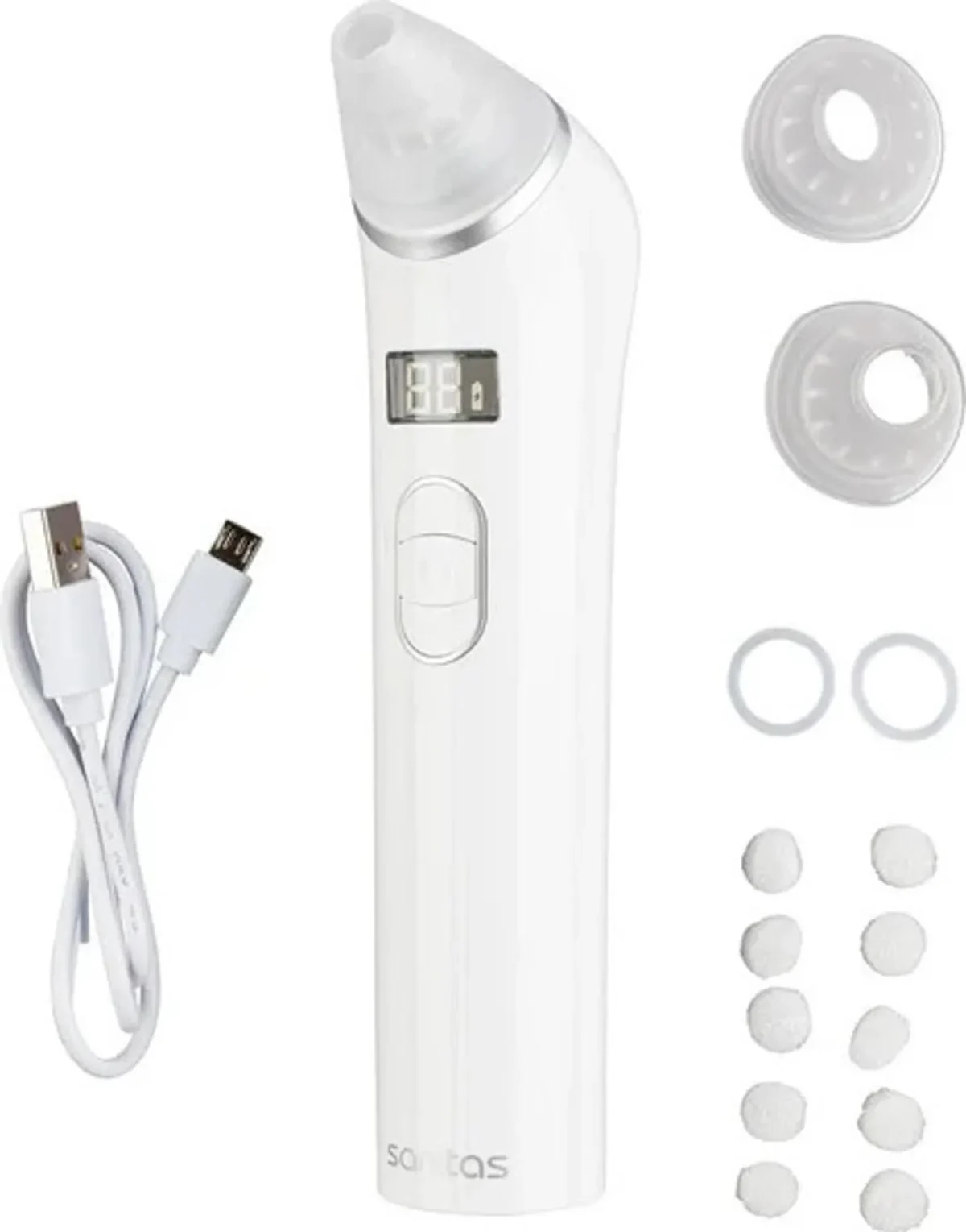 Sanitas SFC 35 con accessori inclusi: cavo USB, testine ricambio, filtri e anelli in gomma