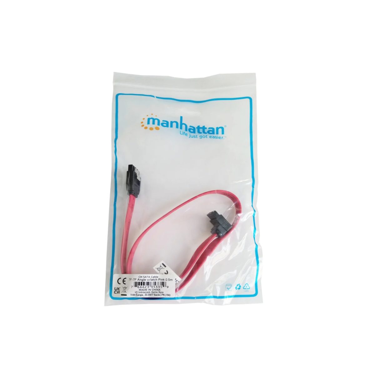 Confezione originale sigillata del cavo SATA Manhattan ICOC SATA6-AN-050 rosso angolato 50cm