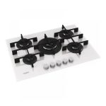 Piano cottura gas Whirlpool GOWL 758 75cm bianco, vista laterale con griglie in ghisa e 5 bruciatori