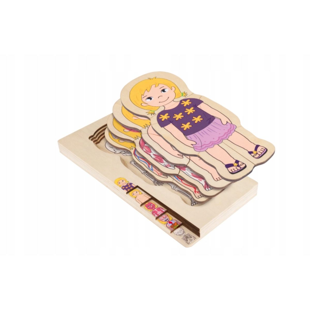 Puzzle corpo umano legno Playtive - strati anatomici Puzzle corpo umano educativo in legno Playtive bambina, vista con strati sovrapposti che mostrano anatomia