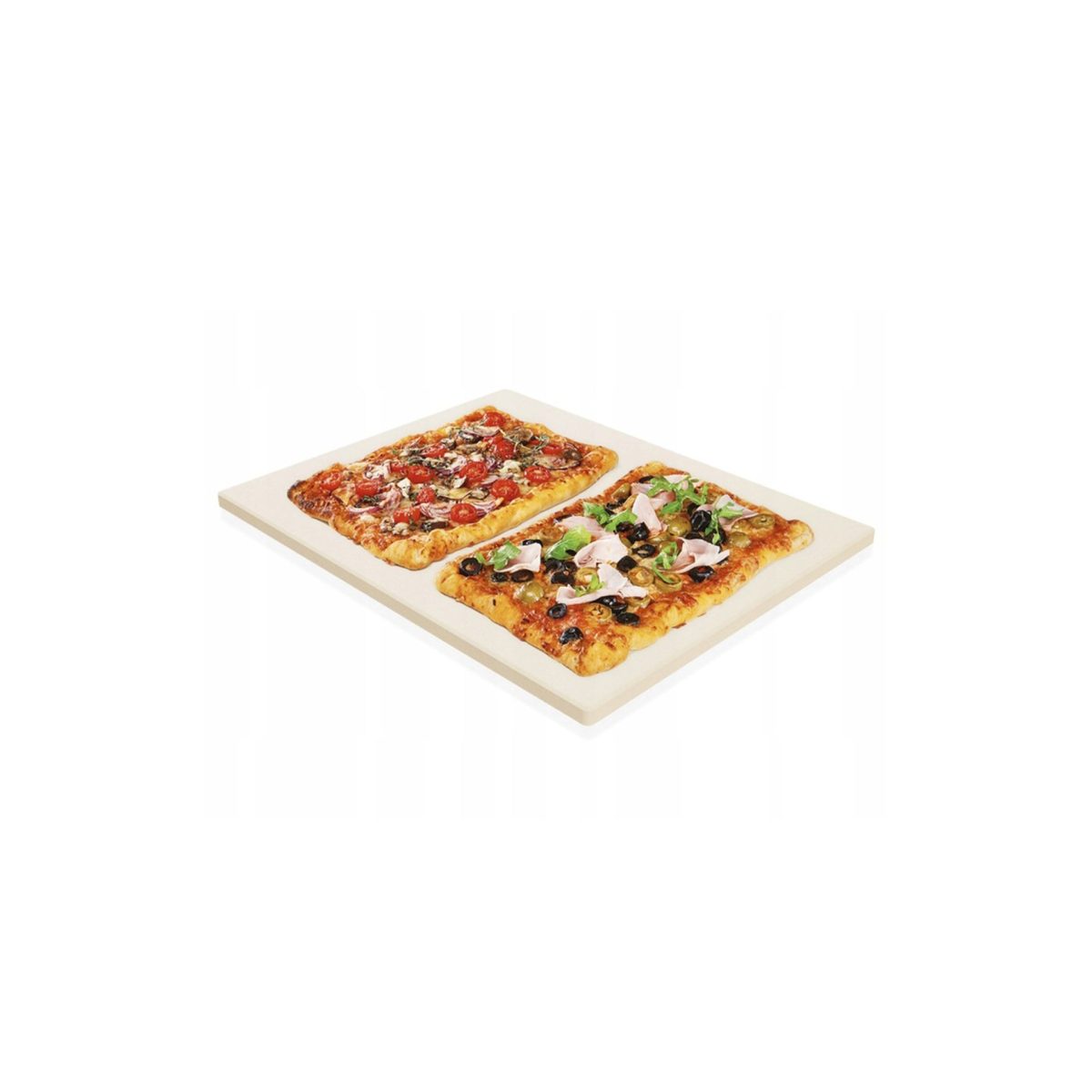 Pietra refrattaria Grill Meister 30x38 cm con due pizze rettangolari cotte, farcite con pomodorini e olive