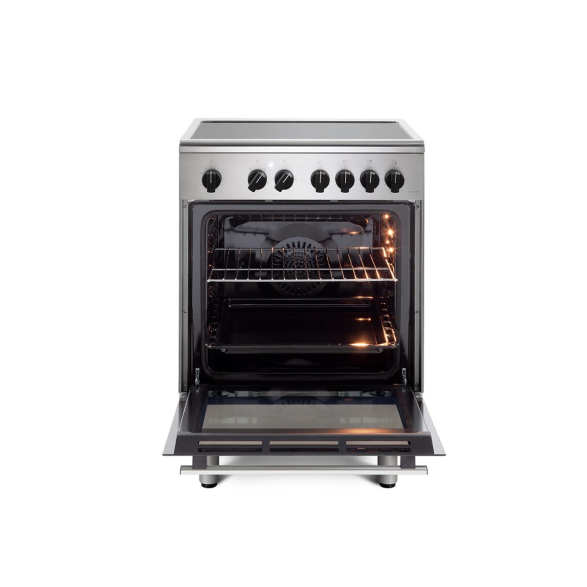 De'Longhi DMX 64 INL cucina induzione, forno elettrico aperto con luce interna accesa e griglie