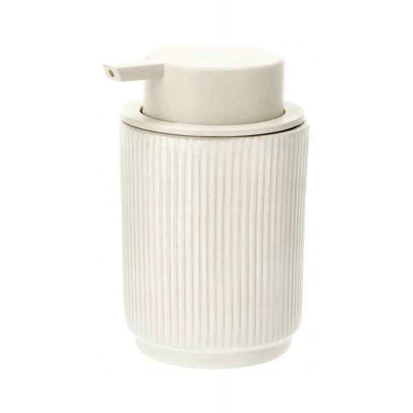 Dispenser di sapone Livarno beige 8x13,5 cm con design righe verticali, vista frontale, confezione danneggiata