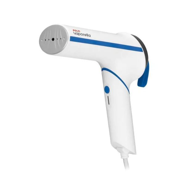 Polti Vaporella Vertical Styler GSM50B ricondizionato, vista frontale con piastra vaporizzante e impugnatura blu
