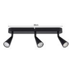 Plafoniera LED Livarno nera con 3 faretti direzionali, vista frontale con misura barra 38cm