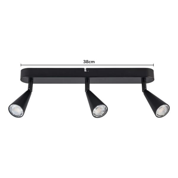 Plafoniera LED Livarno nera con 3 faretti direzionali, vista frontale con misura barra 38cm