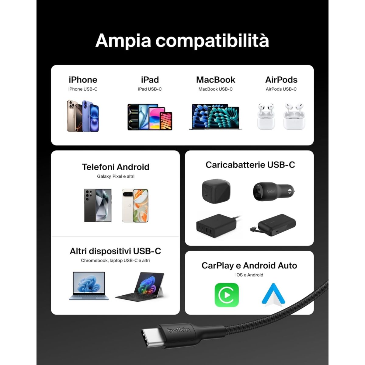 Belkin BoostCharge cavo USB-C 240W compatibile con iPhone, iPad, MacBook, AirPods, Android e caricabatterie USB-C