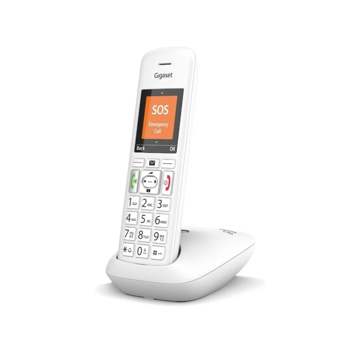 Gigaset E390 cordless bianco su base di ricarica, vista laterale con display SOS e tasti retroilluminati
