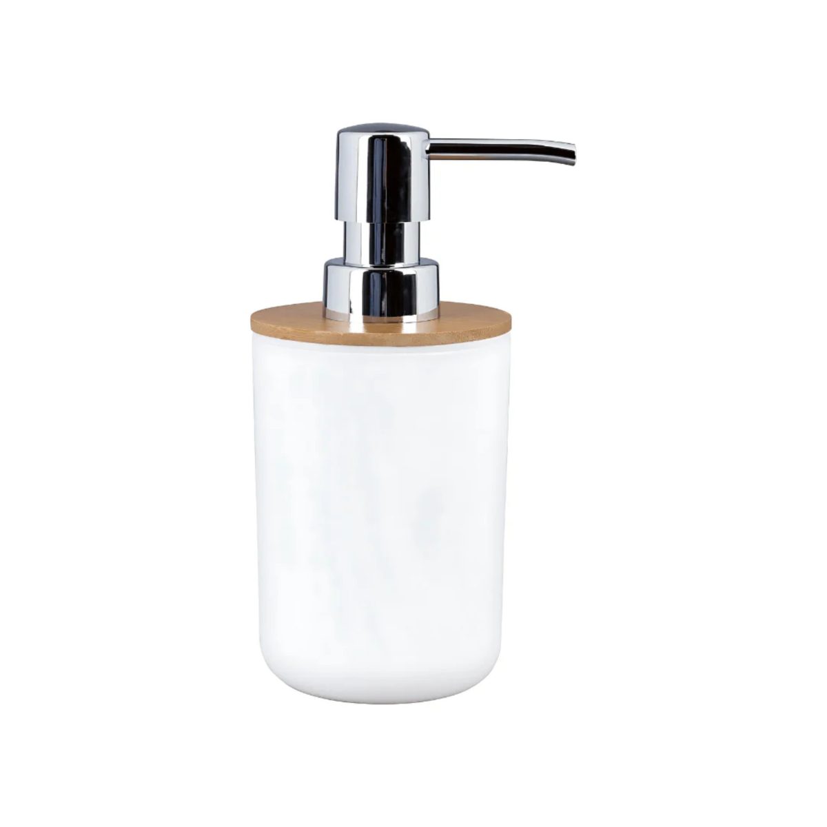 Livarno Dispenser Sapone Liquido 280ml Bambù Bianco Livarno dispenser sapone liquido 280ml bianco con dettaglio bambù FSC, vista frontale con pompa cromata