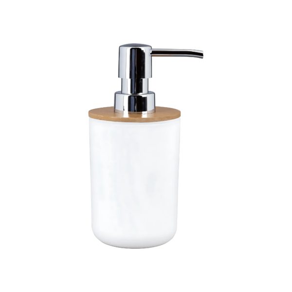 Livarno dispenser sapone liquido 280ml bianco con dettaglio bambù FSC, vista frontale con pompa cromata