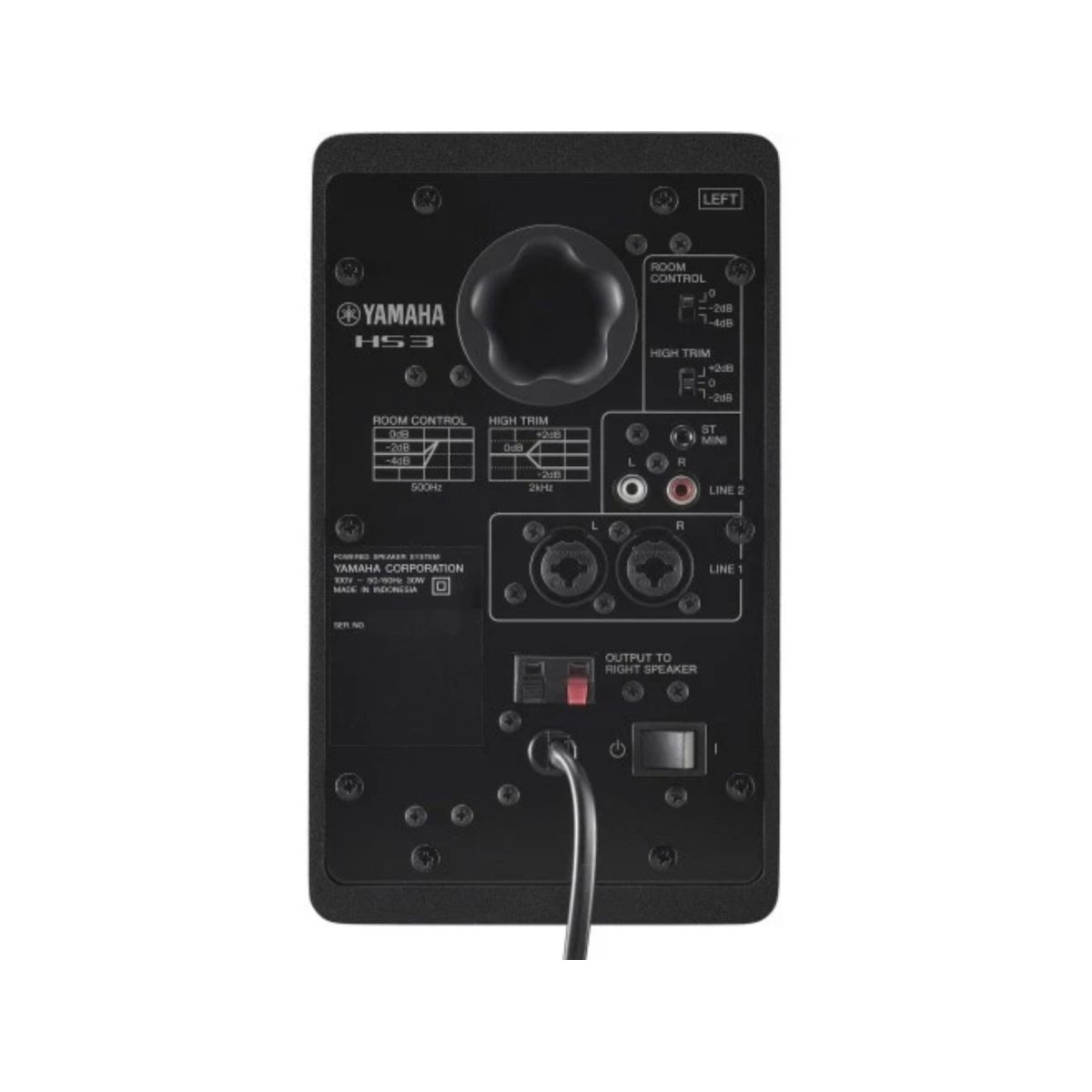 Yamaha HS3 Black retro monitor studio con ingressi Line 1 Line 2, controlli Room Control e High Trim
