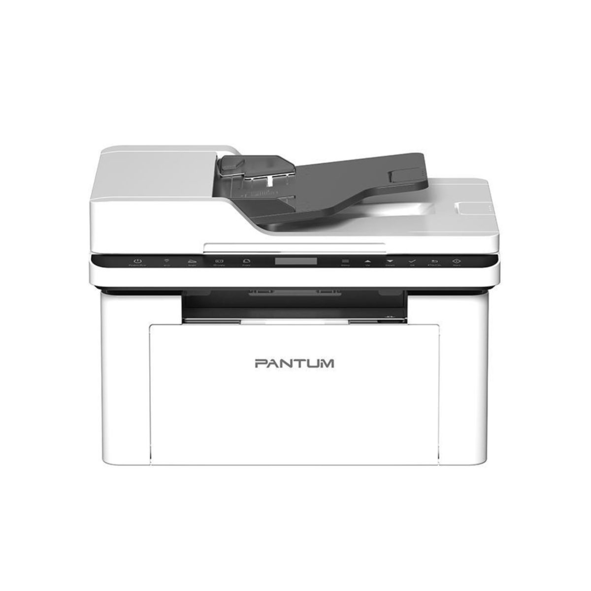 Pantum M6552NW stampante laser multifunzione A4, vista frontale con ADF chiuso e display LCD
