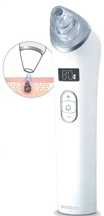 Sanitas SFC 35 aspiratore pori vista frontale con display LED e schema funzionamento vacuum