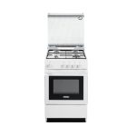 Cucina De'Longhi SGW 554 GN N bianca 50cm vista frontale con coperchio aperto, 4 fuochi gas e forno