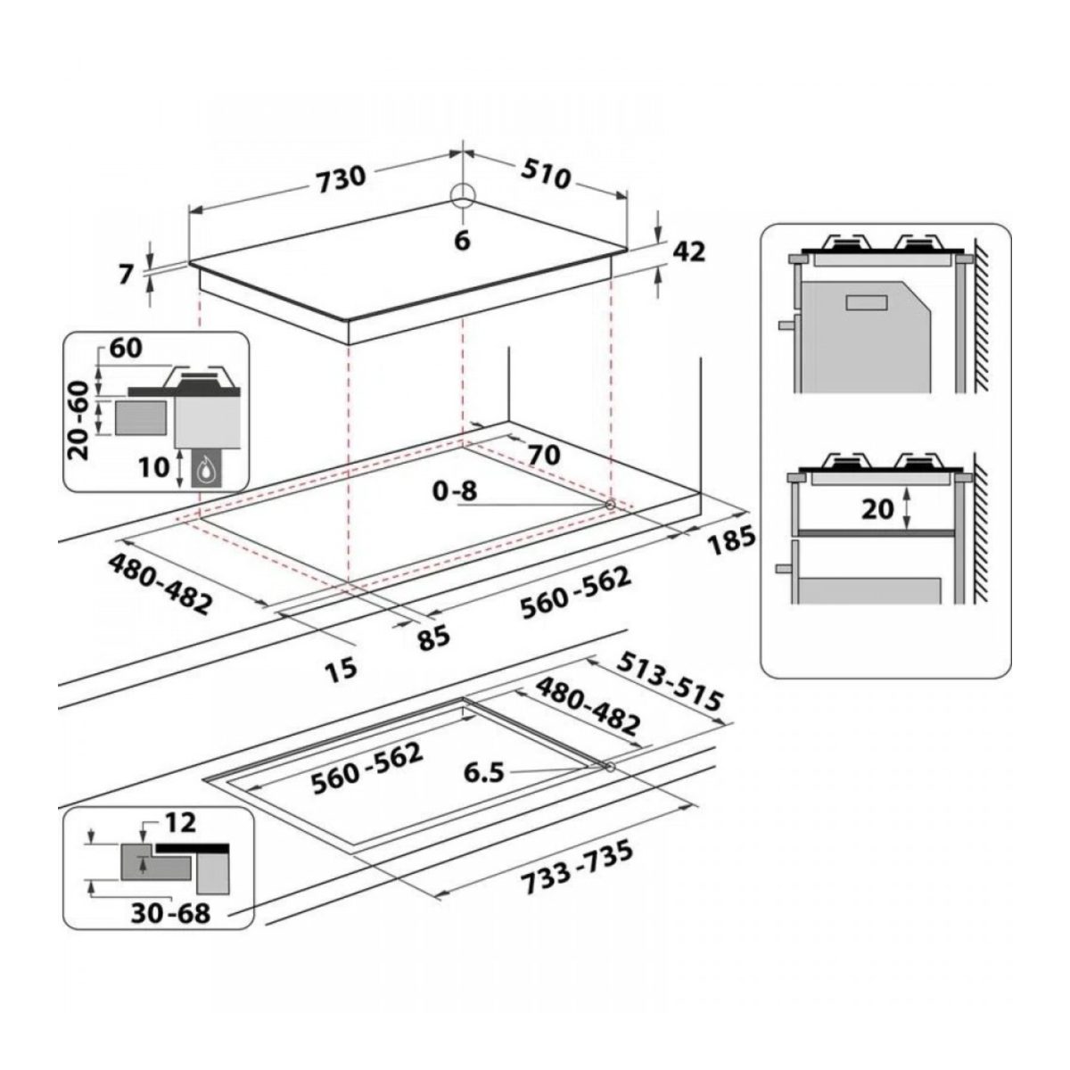 Piano cottura gas Whirlpool GOWL 758 scheda tecnica con dimensioni e misure di installazione dettagliate
