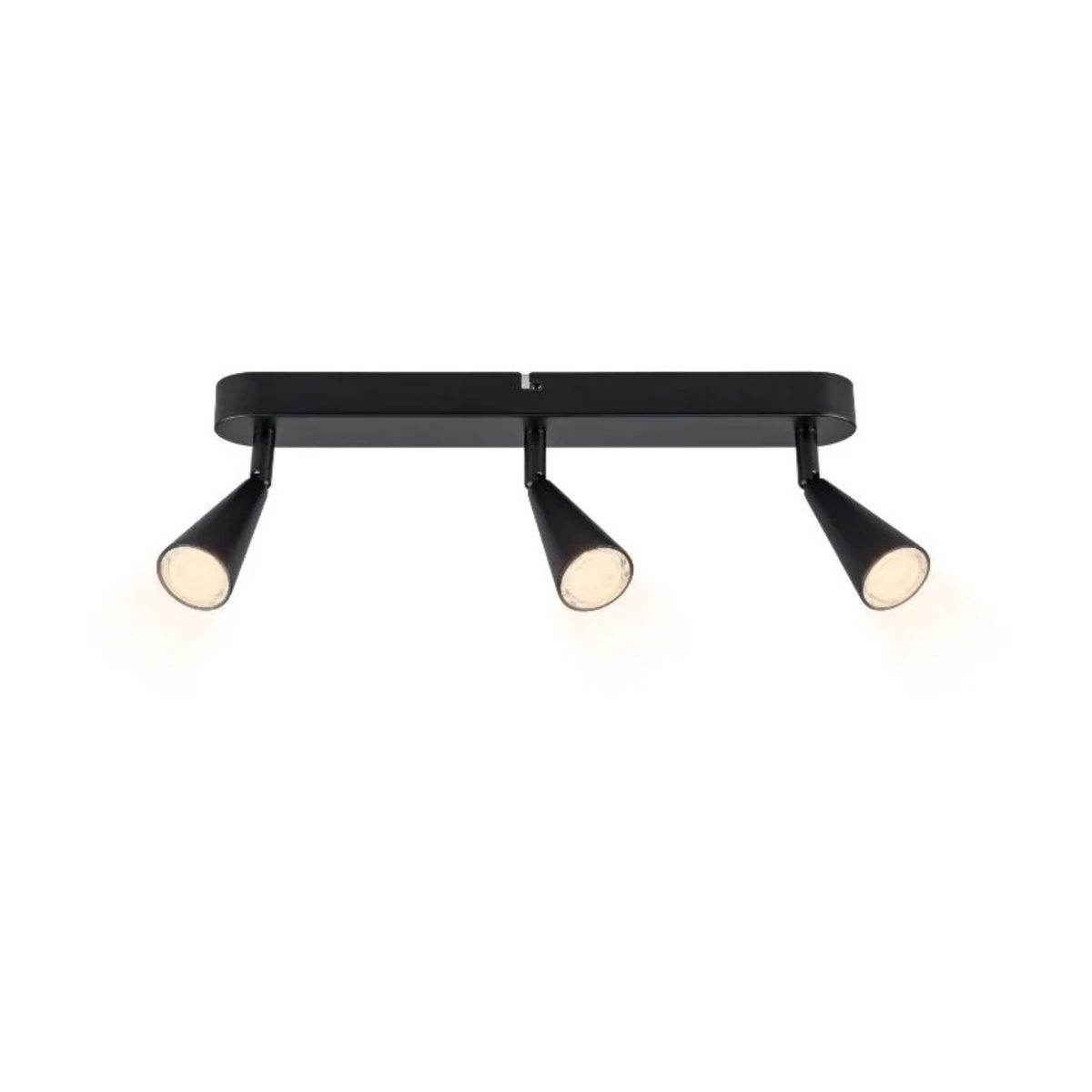 Plafoniera LED Livarno nera 3 faretti direzionali accesi, luce calda diffusa vista frontale
