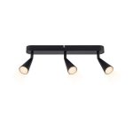 Plafoniera LED Livarno nera 3 faretti direzionali accesi, luce calda diffusa vista frontale