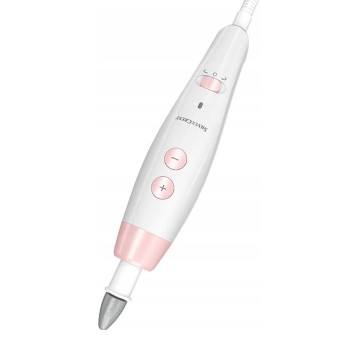 Silvercrest SMPS 7 kit manicure pedicure, vista laterale del manipolo con testina montata e cavo