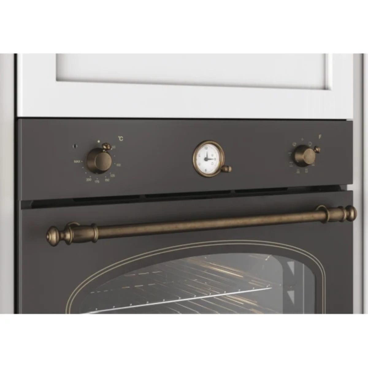 Forno Candy Classic FCC604GH/E, dettaglio pannello comandi con manopole, orologio analogico e maniglia retrò