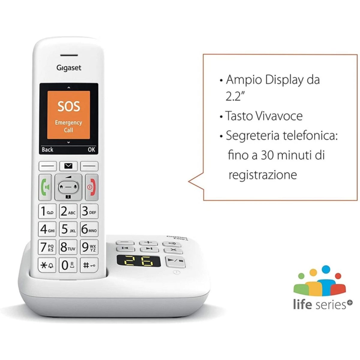 Gigaset E390 cordless con ampio display 2.2 pollici, tasto vivavoce e segreteria telefonica fino a 30 minuti