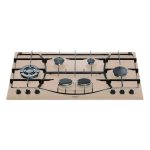 Piano cottura Hotpoint PHN 960MST a gas 6 fuochi 87cm colore avena, vista frontale con griglie in ghisa