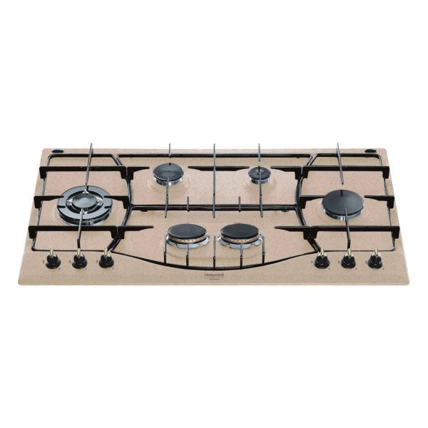 Piano cottura Hotpoint PHN 960MST a gas 6 fuochi 87cm colore avena, vista frontale con griglie in ghisa
