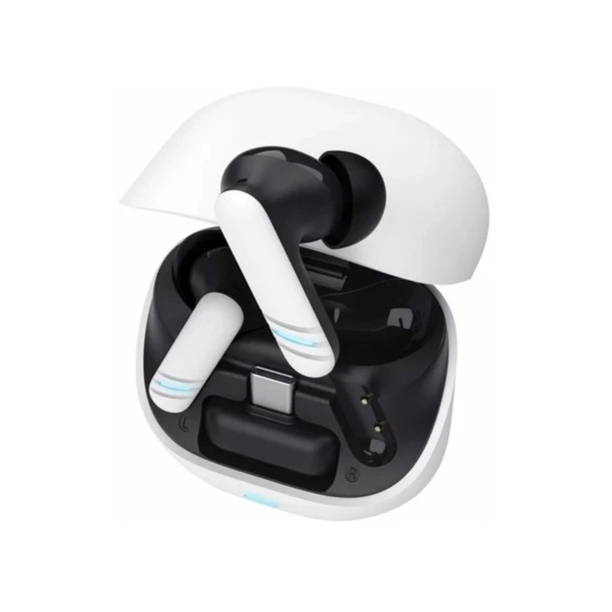 Trust GXT 409 Oxxie TWS - custodia aperta con auricolari Trust GXT 409 Oxxie BT TWS auricolari bianchi con custodia di ricarica aperta e dongle USB-C