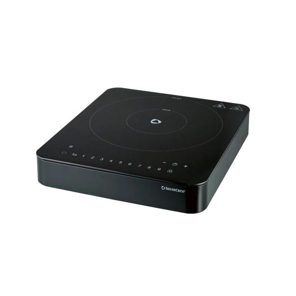 Silvercrest SIKP 2200 piastra ad induzione ricondizionata, vista prospettica con touch control e logo
