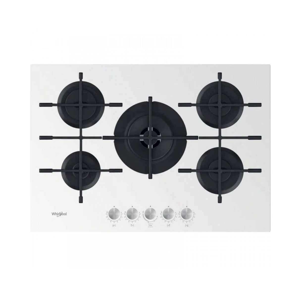 Piano cottura gas Whirlpool GOWL 758 75cm bianco, vista dall'alto centrata con manopole e icone comandi