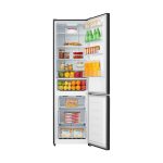 Hisense RB440N4AFE frigorifero combinato nero con porte aperte pieno di alimenti e bevande