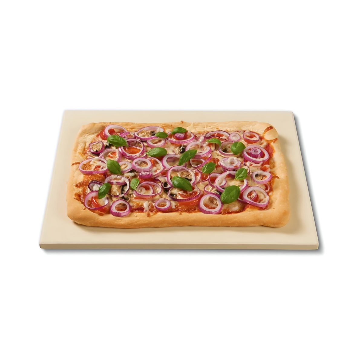 Pietra refrattaria Grill Meister 30x38 cm con pizza rettangolare a cipolla rossa e basilico appena cotta