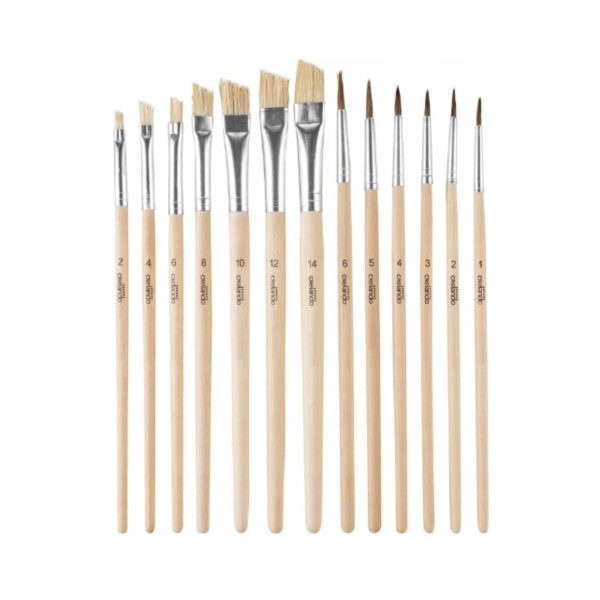Set Crelando 13 pennelli setole naturali manico legno per pittura acrilica, vista completa di tutte le misure