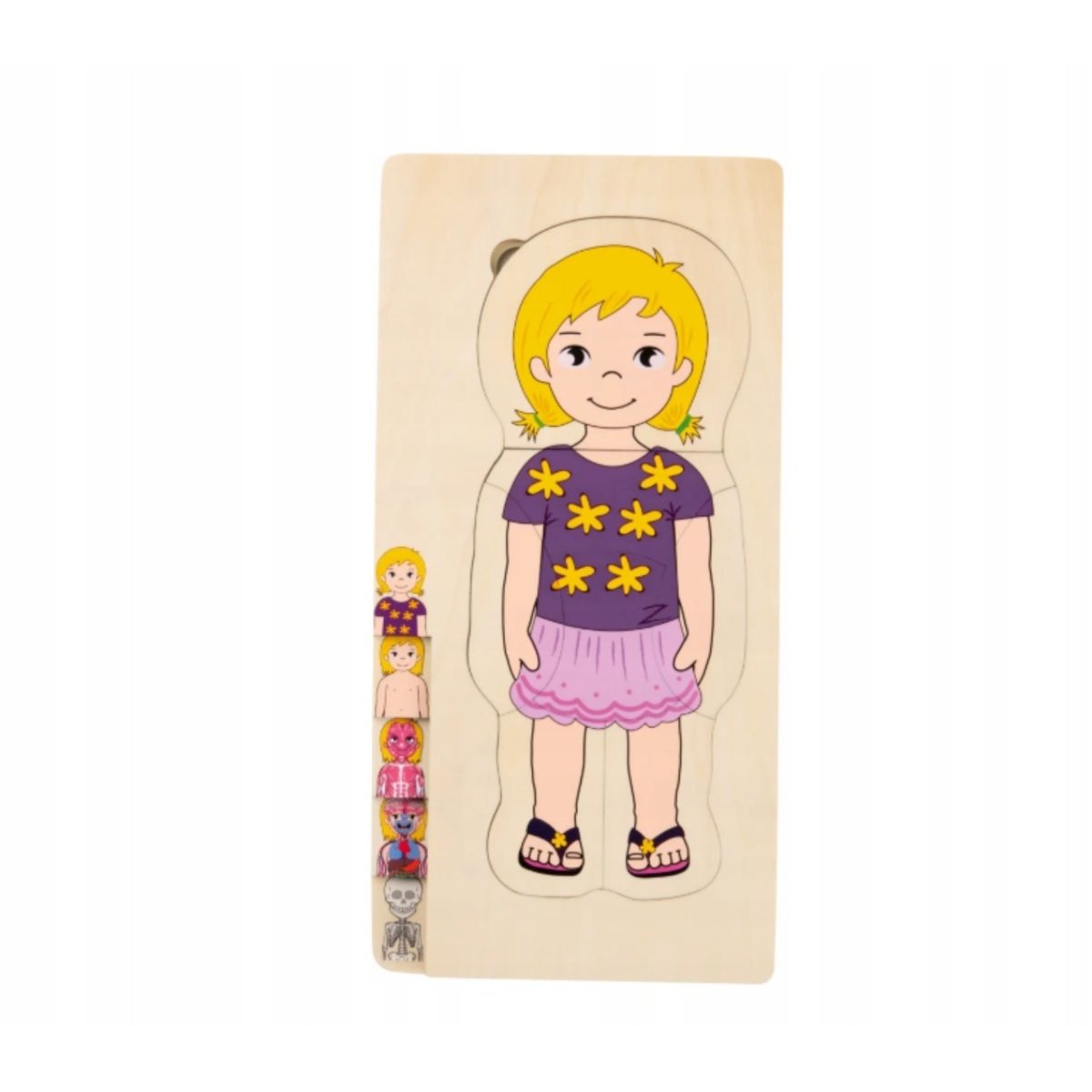Puzzle corpo umano educativo in legno Playtive bambina, vista frontale con primo strato completo vestita
