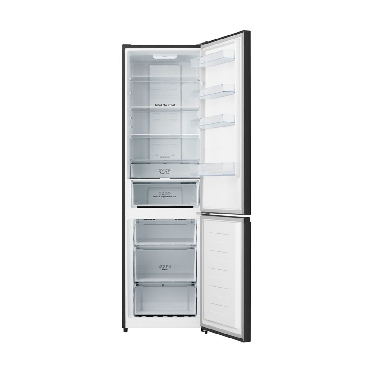 Hisense RB440N4AFE frigorifero combinato nero con porte aperte, ripiani e cassetti vuoti No Frost