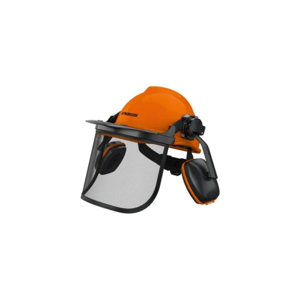 Elmetto Parkside forestale arancione con visiera a rete regolabile e cuffie protettive 23dB, vista laterale