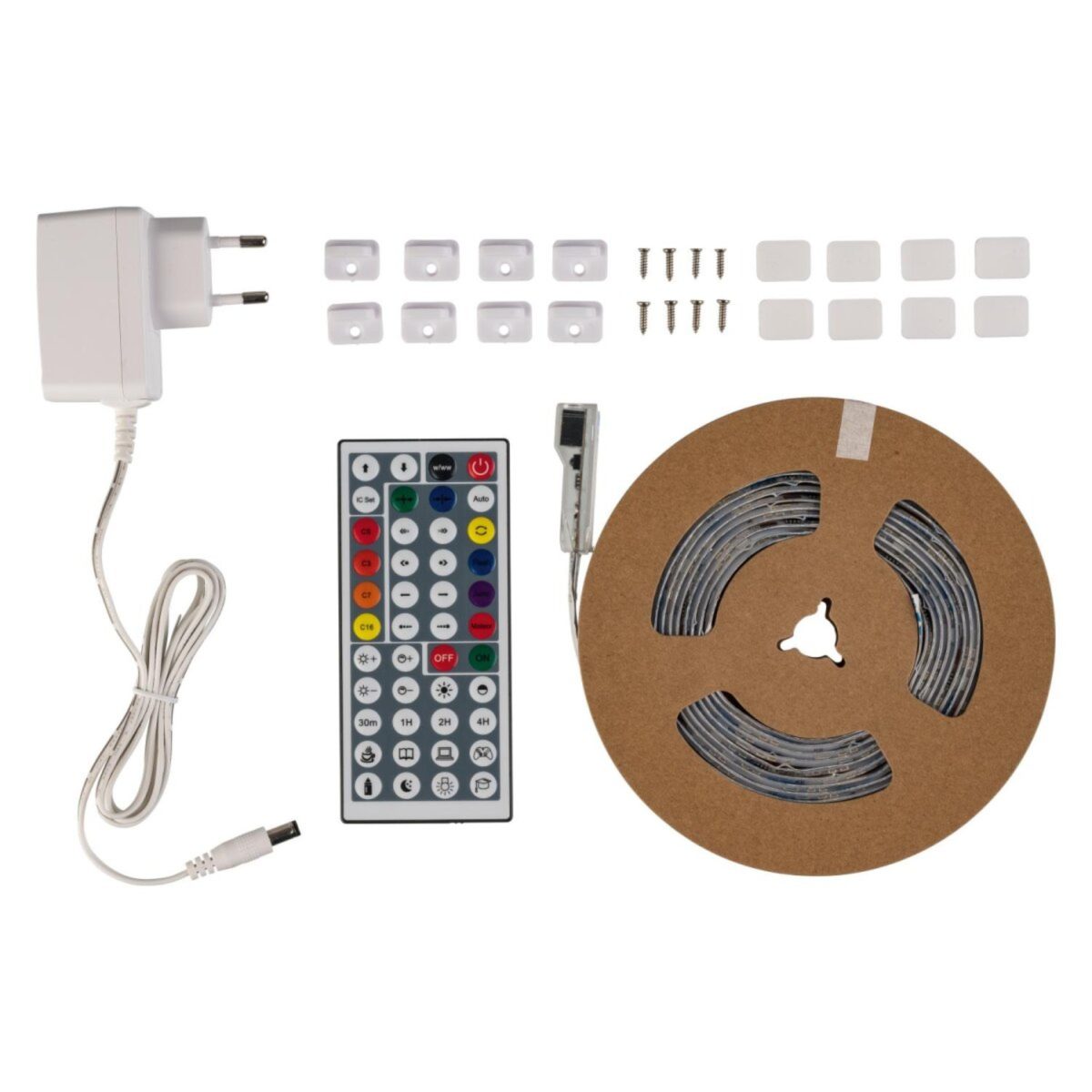 Striscia LED Livarno con accessori inclusi: telecomando, alimentatore, clip di fissaggio e viti