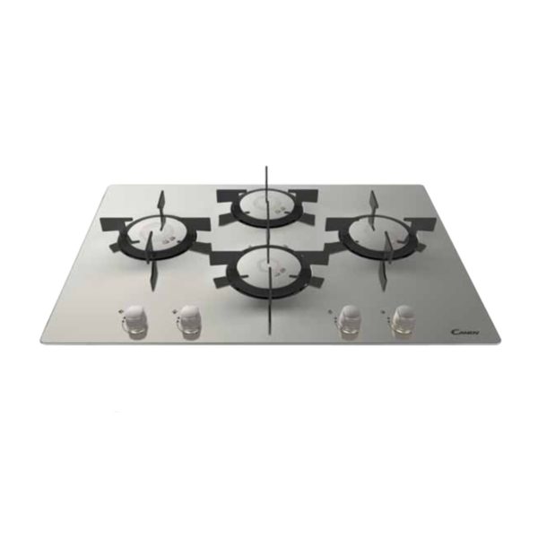 Piano cottura Candy CFX 74 P a gas 4 fuochi in acciaio inox, vista prospettica con manopole
