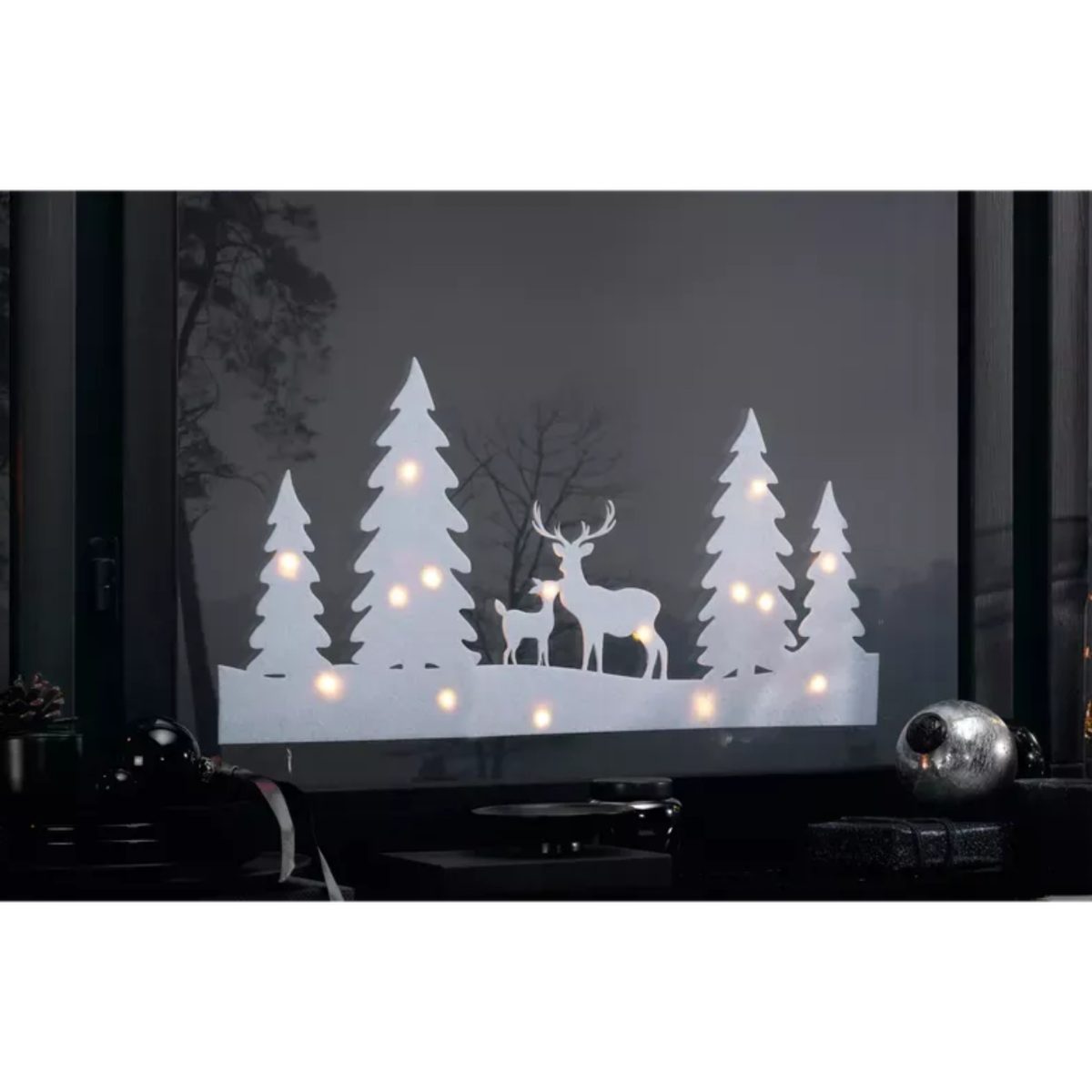 Livarno decorazione natalizia da finestra in feltro LED 60x30cm applicata al vetro, effetto luminoso serale con cervi e abeti
