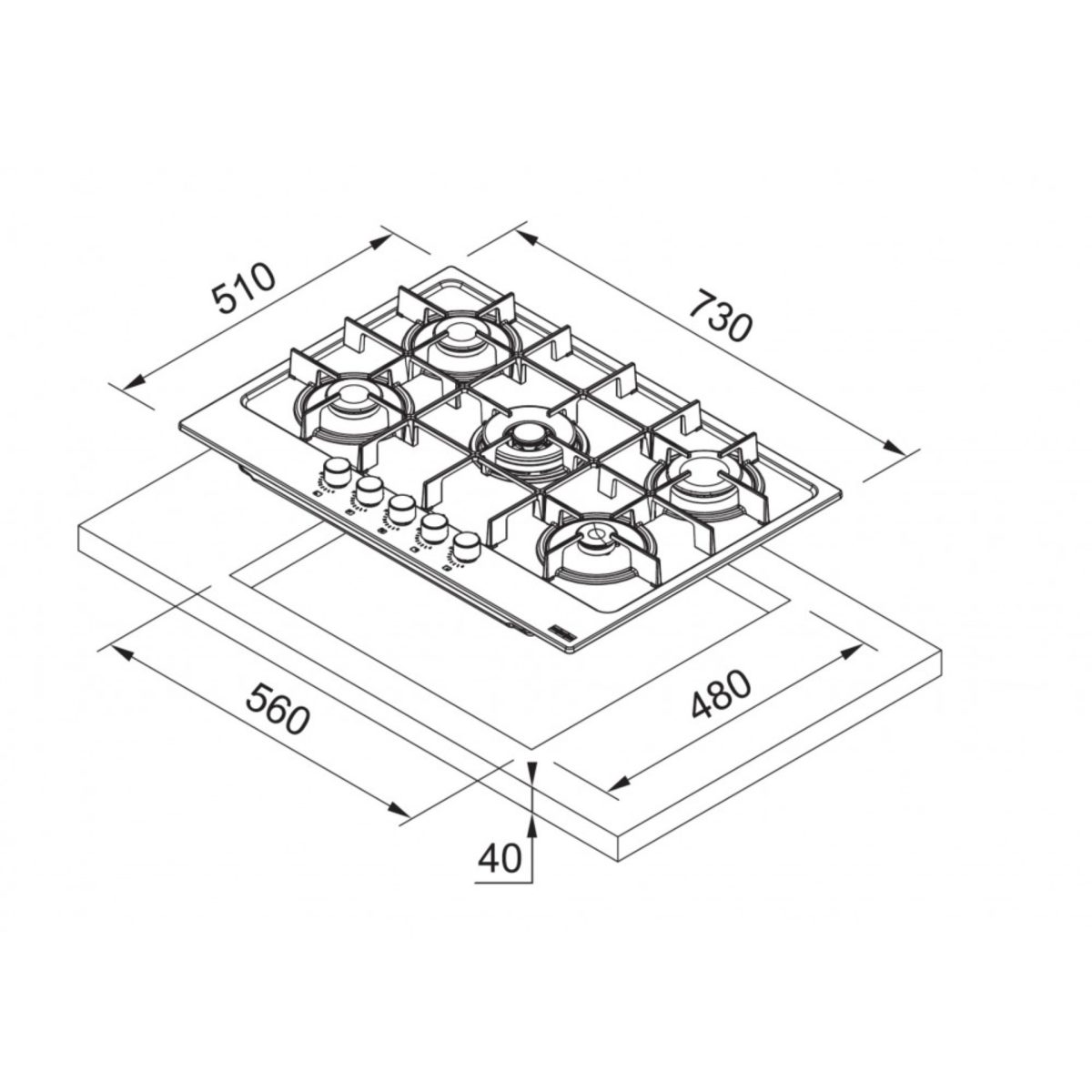 Schema tecnico con dimensioni del piano cottura Franke Maris FHMA 755 4G DC 5 fuochi 73cm